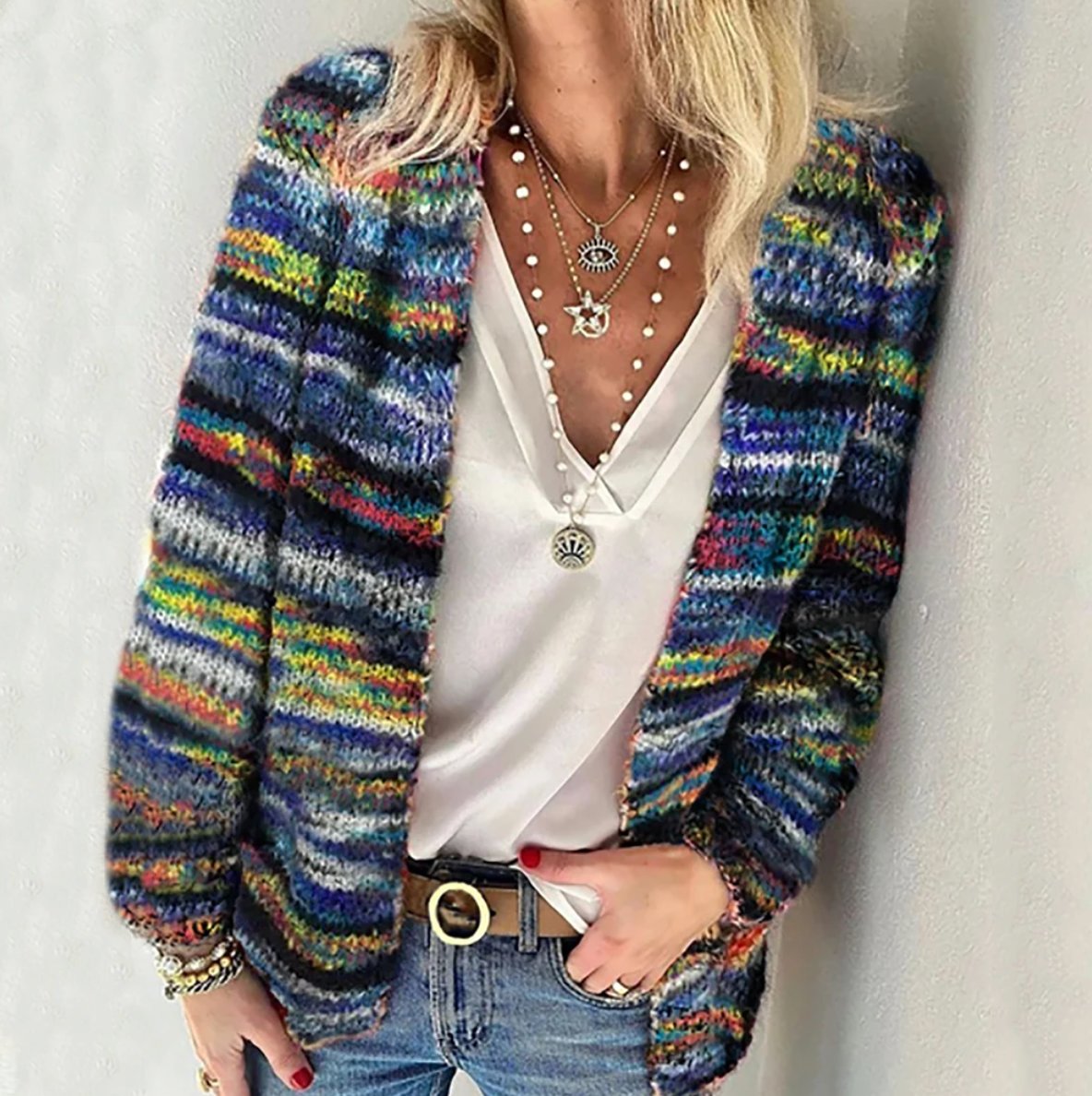 Cardigan Rayé Multicolore À Manches Longues Pour Femme | Idéal Pour L'automne Et L'hiver