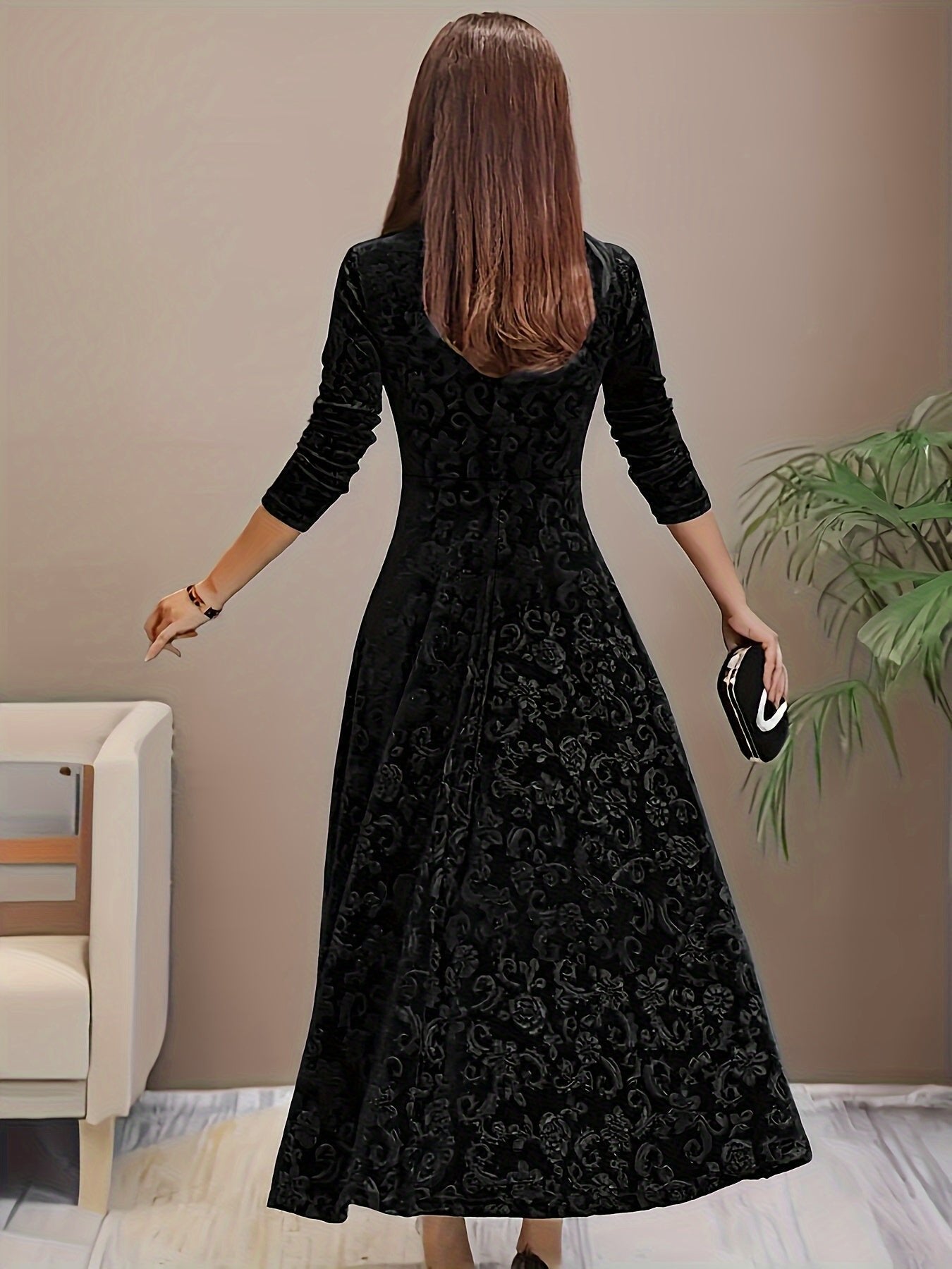 Robe Midi Avec Col Carré Et Manches Trois Quarts Pour Femme | Idéal Pour Les Occasions Festives
