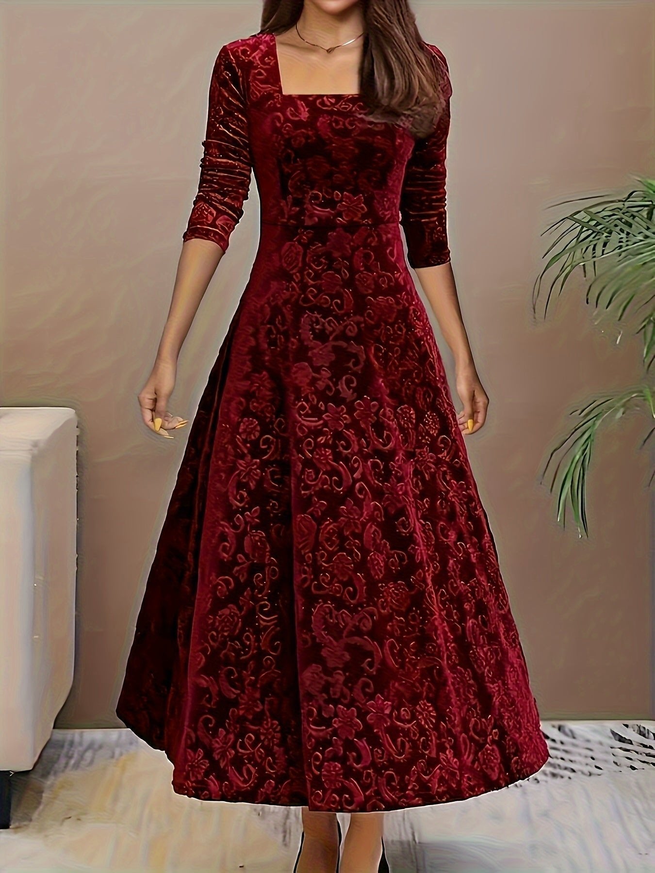 Robe Midi Avec Col Carré Et Manches Trois Quarts Pour Femme | Idéal Pour Les Occasions Festives