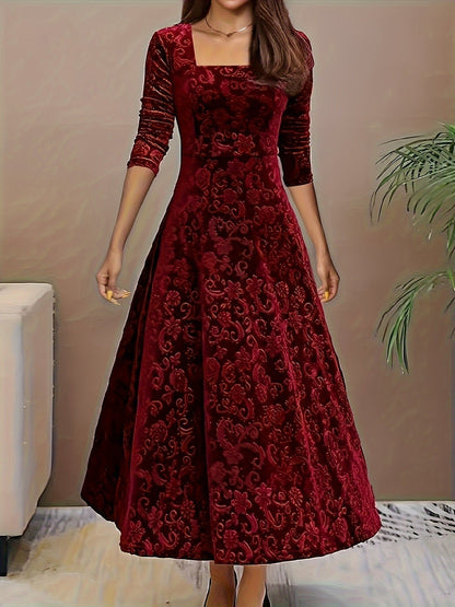 Robe Midi Avec Col Carré Et Manches Trois Quarts Pour Femme | Idéal Pour Les Occasions Festives