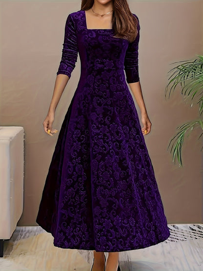 Robe Midi Avec Col Carré Et Manches Trois Quarts Pour Femme | Idéal Pour Les Occasions Festives