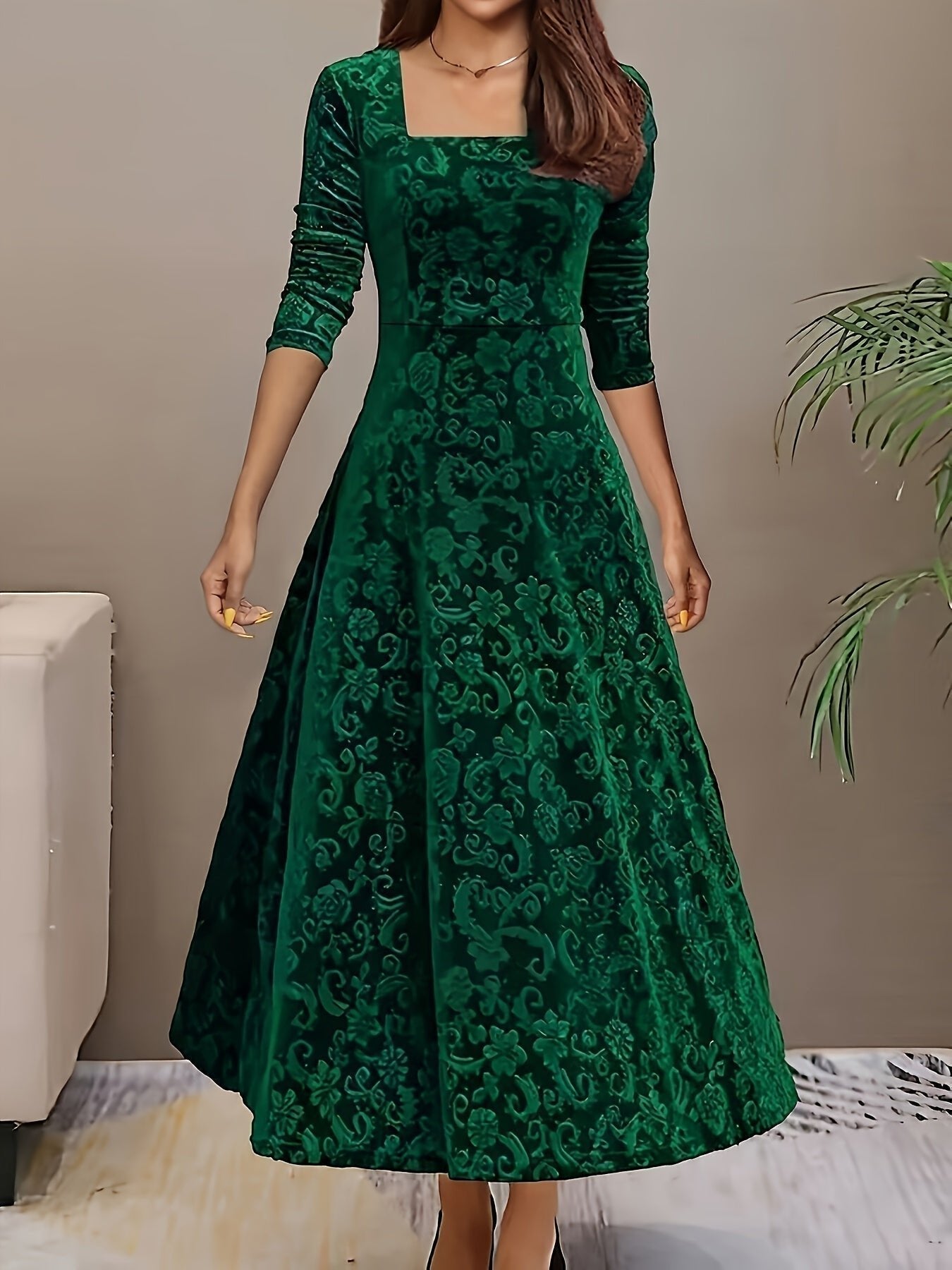 Robe Midi Avec Col Carré Et Manches Trois Quarts Pour Femme | Idéal Pour Les Occasions Festives