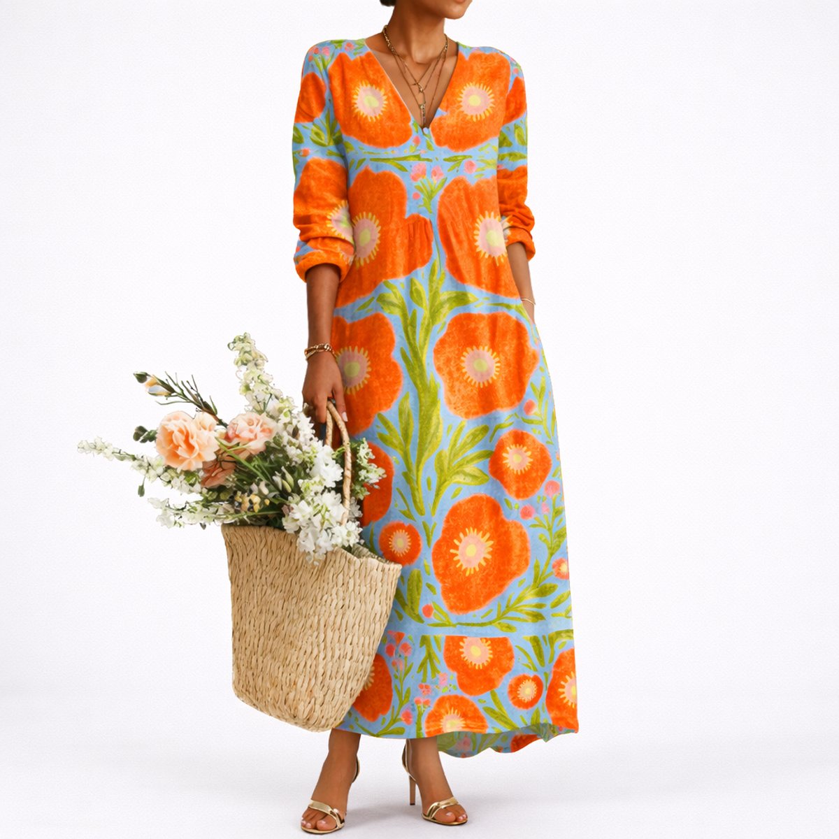 Robe Maxi À Imprimé Floral Pour Femme Avec Col en V Et Manches Longues | Idéale Pour Les Occasions Décontractées