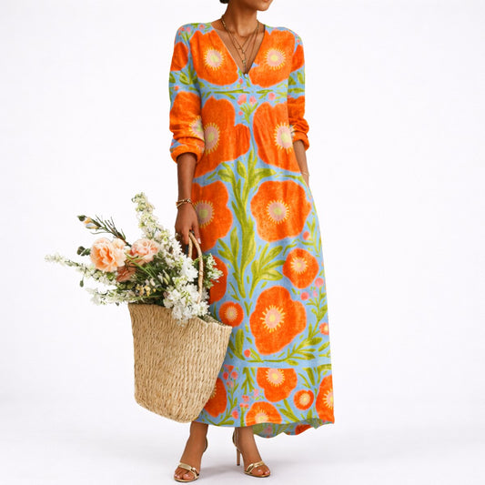 Robe maxi fleurie col V manches longues pour femmes