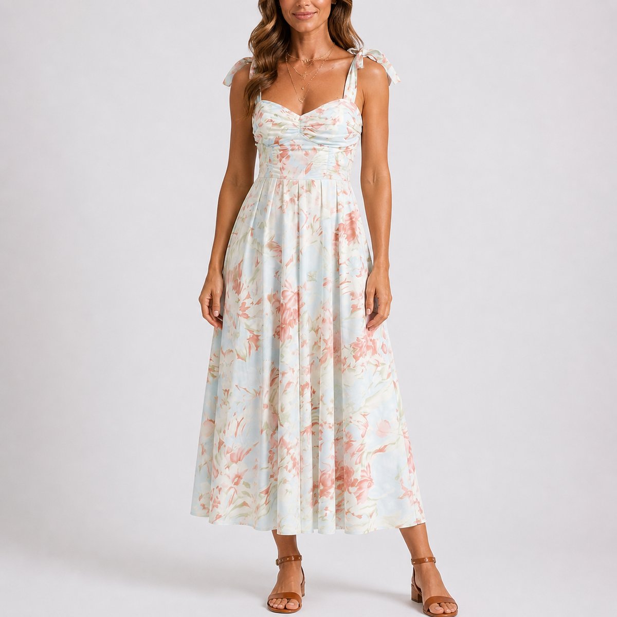 Robe midi avec col cœur et bretelles à nouer pour femmes | Idéale pour mariage ou cérémonie en plein air