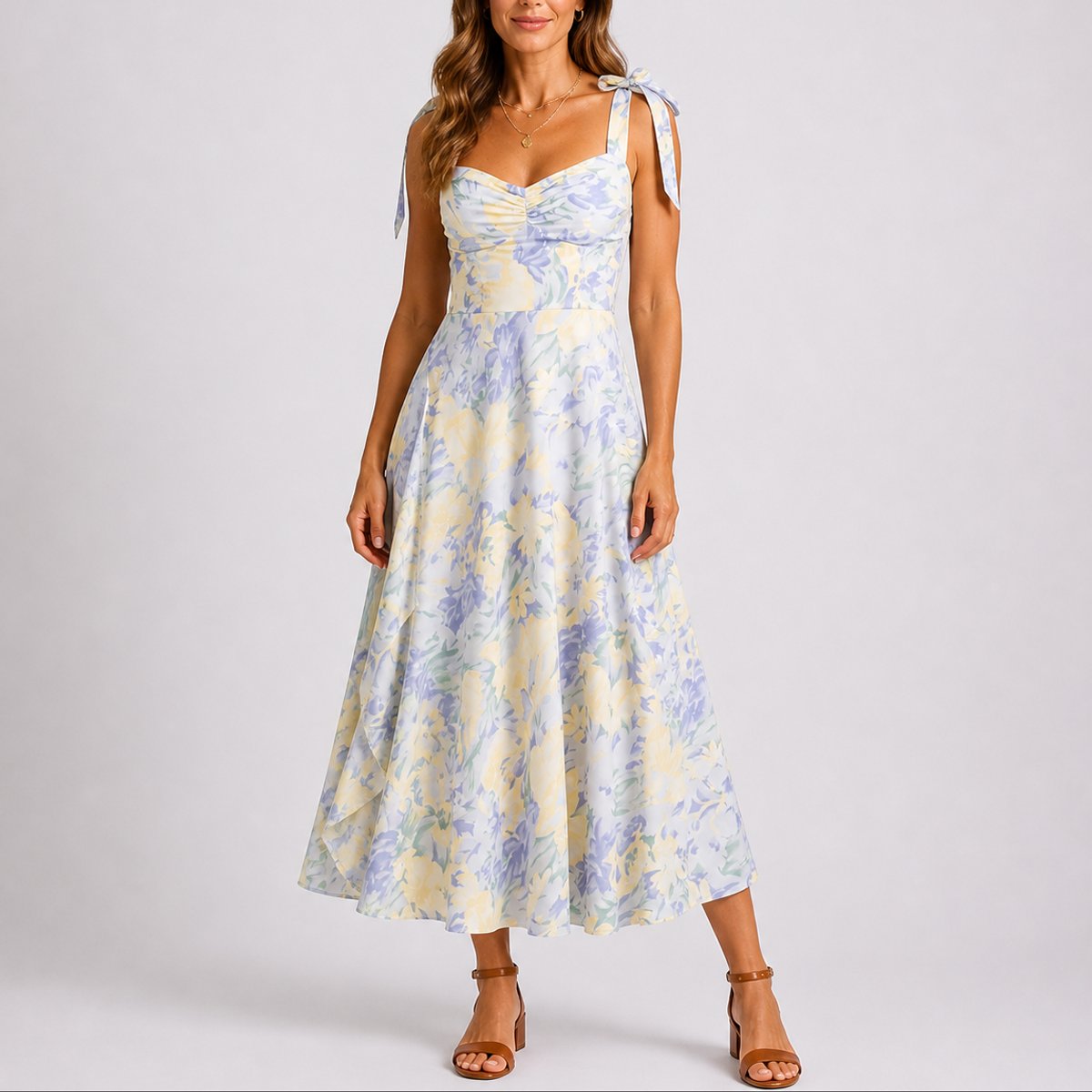 Robe midi avec col cœur et bretelles à nouer pour femmes | Idéale pour mariage ou cérémonie en plein air