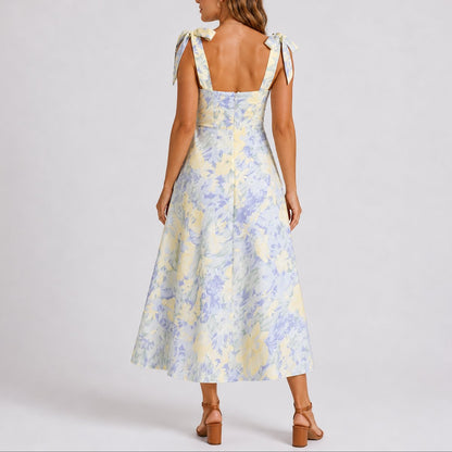 Robe midi avec col cœur et bretelles à nouer pour femmes | Idéale pour mariage ou cérémonie en plein air