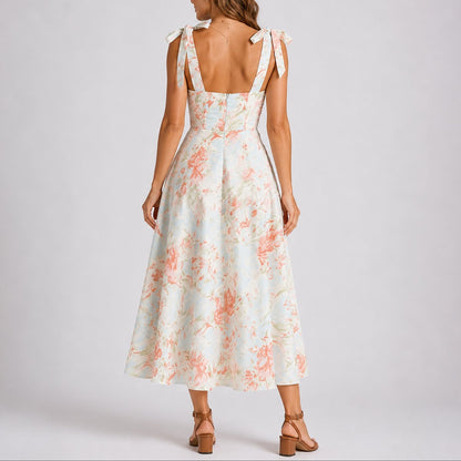 Robe midi avec col cœur et bretelles à nouer pour femmes | Idéale pour mariage ou cérémonie en plein air