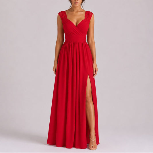 Robe maxi col V croisé épaules en dentelle pour femmes