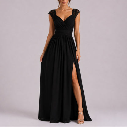 Robe Maxi À Col V Croisé Avec Épaules en Dentelle Pour Femme | Idéale Pour Les Cérémonies Et Les Occasions Formelles
