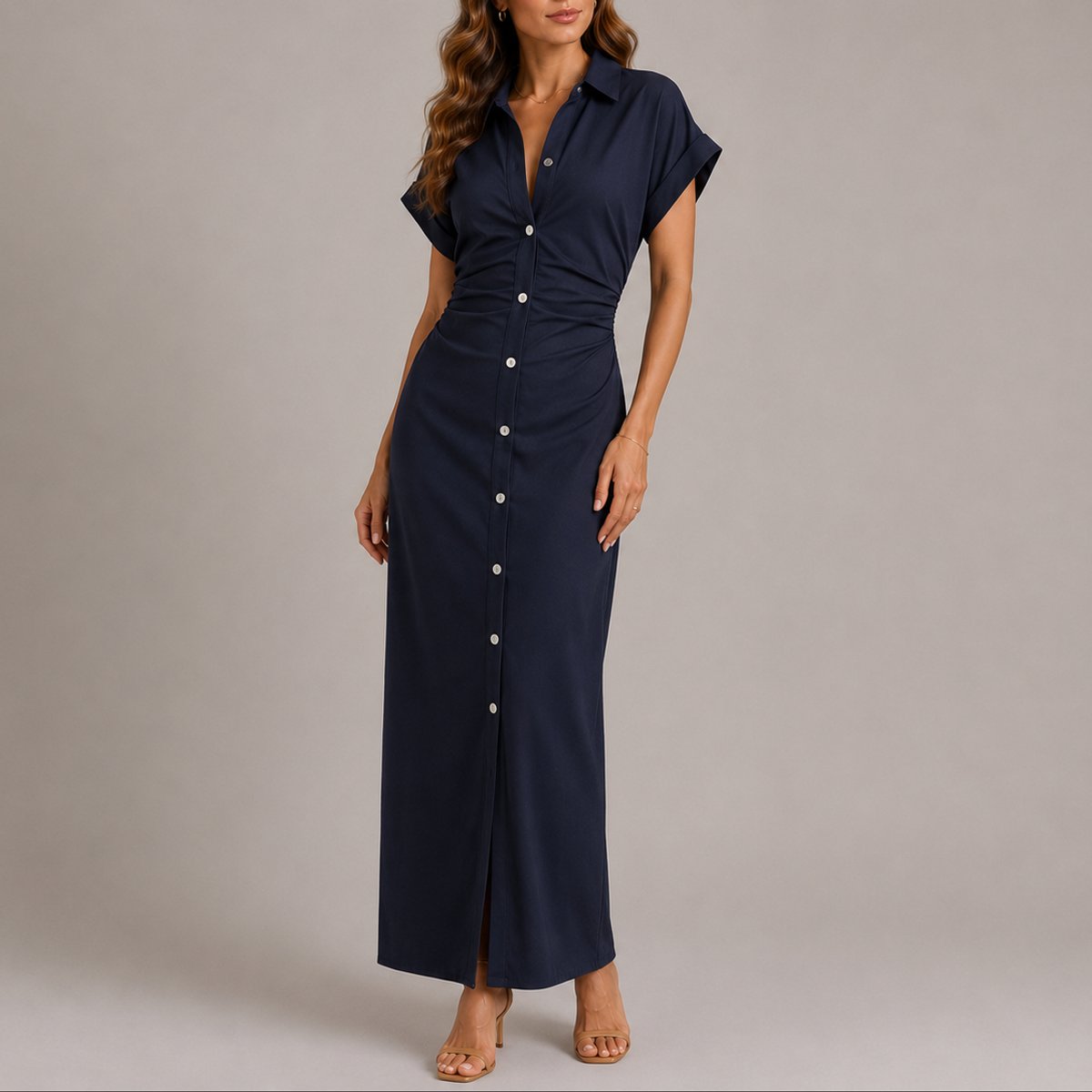 Robe Chemise Maxi Boutonnée Avec Fronces Pour Femme | Idéale Pour Les Occasions Décontractées Et Semi-formelles