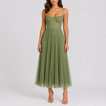Robe Midi Avec Corsage Style Corset Et Jupe Plissée Pour Femme | Idéale Pour Les Cérémonies Et Les Réceptions