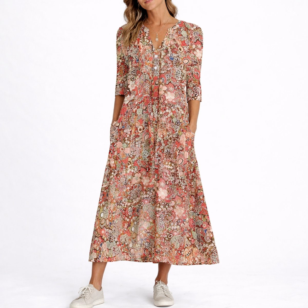 Robe Midi À Imprimé Fleuri Avec Col V Pour Femme | Idéale Pour L'automne