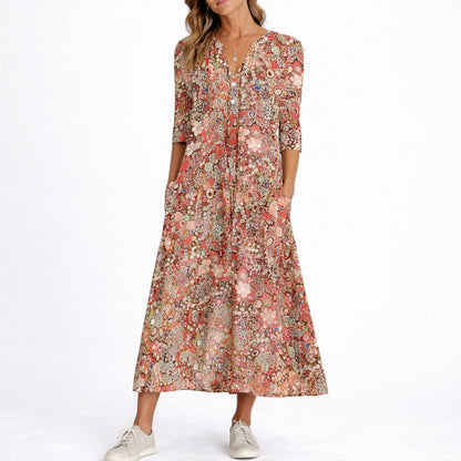 Robe Midi À Imprimé Fleuri Avec Col V Pour Femme | Idéale Pour L'automne