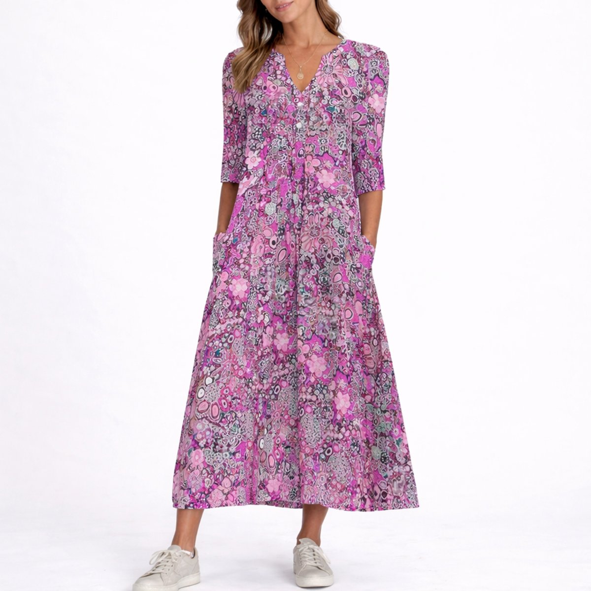 Robe Midi À Imprimé Fleuri Avec Col V Pour Femme | Idéale Pour L'automne