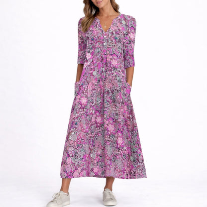 Robe Midi À Imprimé Fleuri Avec Col V Pour Femme | Idéale Pour L'automne