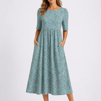 Robe midi à manches courtes et imprimé à motifs pour femmes | Idéale pour mariage ou cérémonie