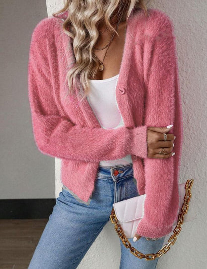 Cardigan Femme À Col V Boutonné À Texture Duveteuse | Ideal for Mi-saison