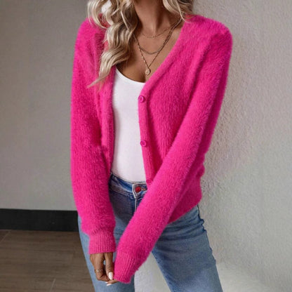 Cardigan Femme À Col V Boutonné À Texture Duveteuse | Ideal for Mi-saison