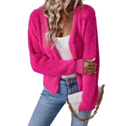 Cardigan Femme À Col V Boutonné À Texture Duveteuse | Ideal for Mi-saison