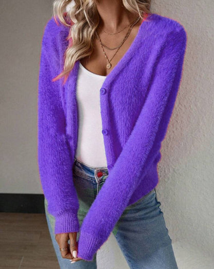 Cardigan Femme À Col V Boutonné À Texture Duveteuse | Ideal for Mi-saison