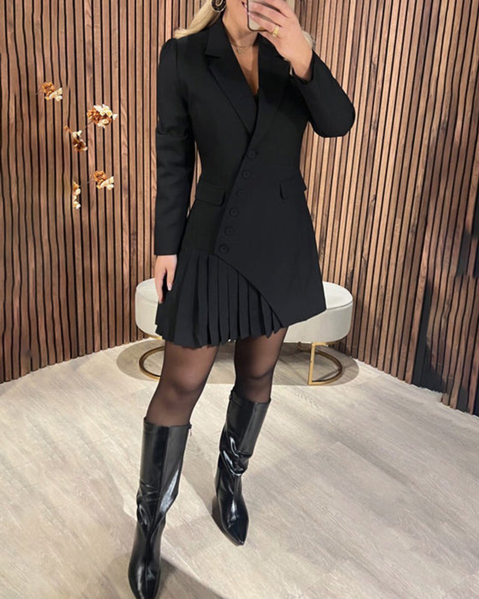 Robe Blazer Femme Avec Jupe Plissée Et Col À Revers Cranté | Idéale Pour Le Bureau Et Les Occasions Formelles