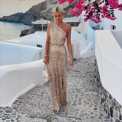 Robe Maxi À Sequins Avec Col Asymétrique Pour Femme | Idéale Pour Les Soirées Et Les Réceptions