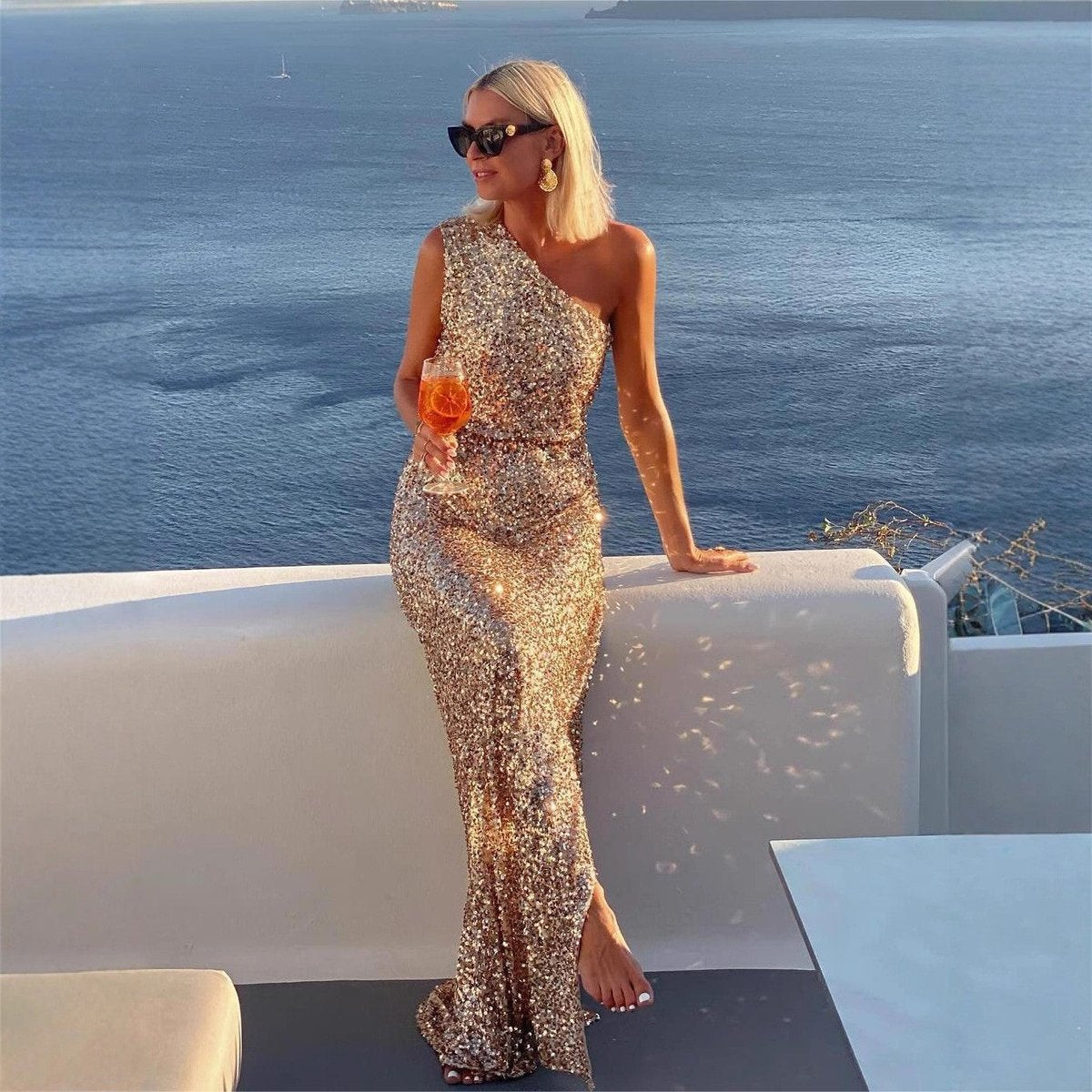Robe Maxi À Sequins Avec Col Asymétrique Pour Femme | Idéale Pour Les Soirées Et Les Réceptions