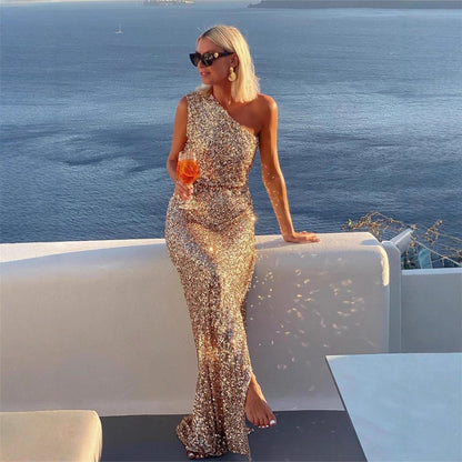 Robe Maxi À Sequins Avec Col Asymétrique Pour Femme | Idéale Pour Les Soirées Et Les Réceptions