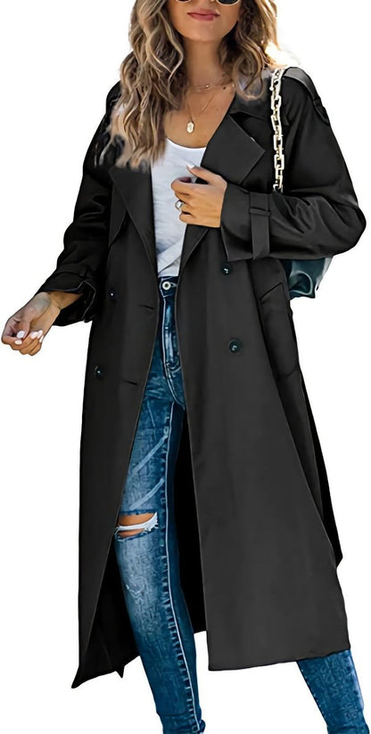 Trench-coat Long À Double Boutonnage Avec Ceinture Pour Femme | Idéal Pour La Mi-saison