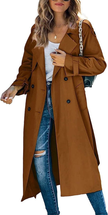 Trench-coat Long À Double Boutonnage Avec Ceinture Pour Femme | Idéal Pour La Mi-saison