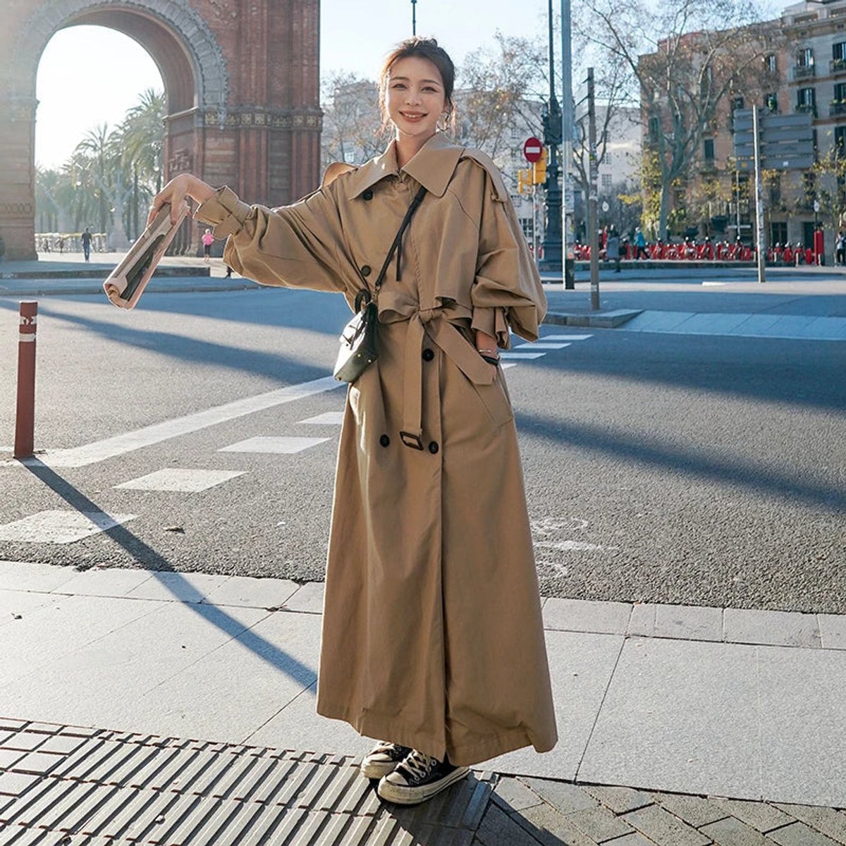 Trench-coat Long À Double Boutonnage Avec Ceinture À Nouer Pour Femme | Idéal Pour La Mi-saison
