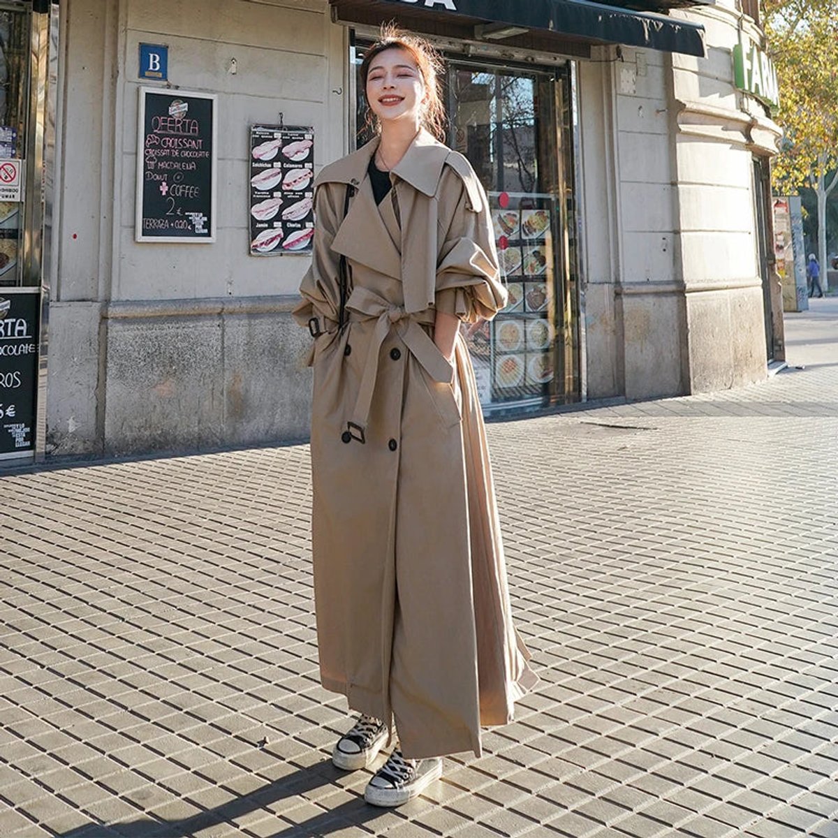 Trench-coat Long À Double Boutonnage Avec Ceinture À Nouer Pour Femme | Idéal Pour La Mi-saison