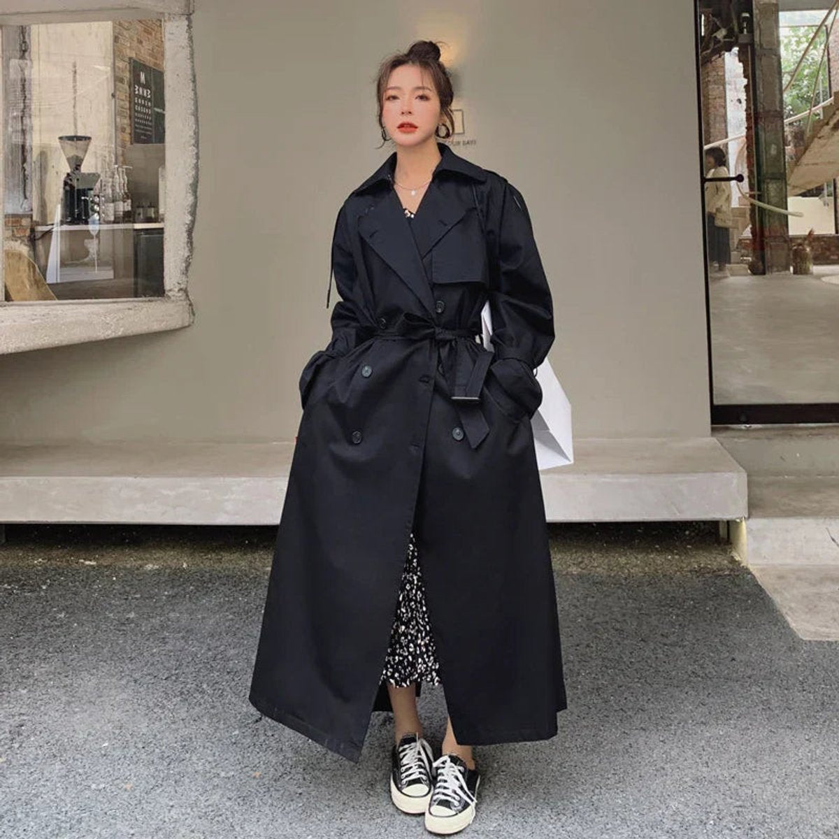 Trench-coat Long À Double Boutonnage Avec Ceinture À Nouer Pour Femme | Idéal Pour La Mi-saison