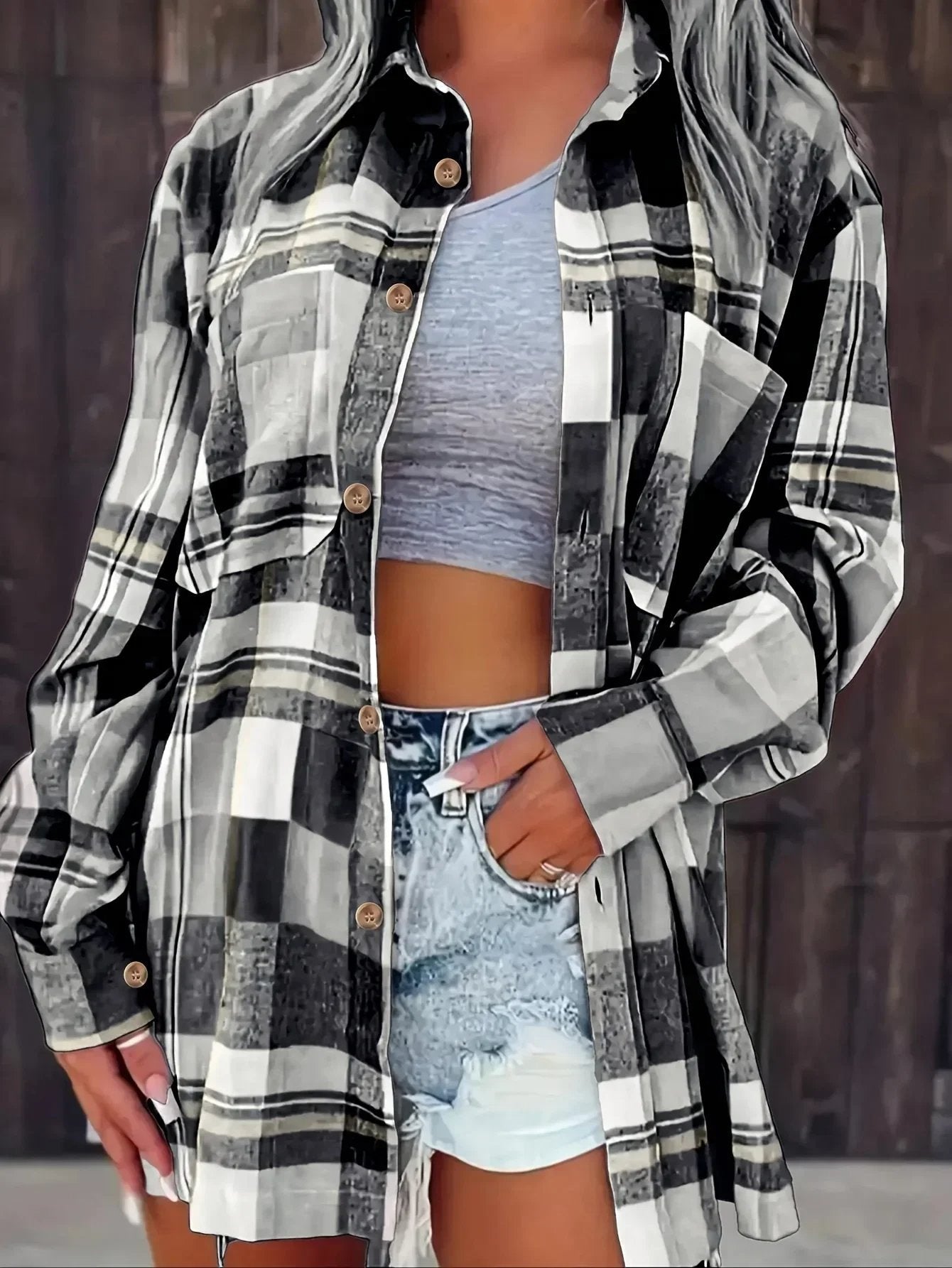 Chemise à carreaux manches longues coupe ample pour femme | Idéale pour l'automne