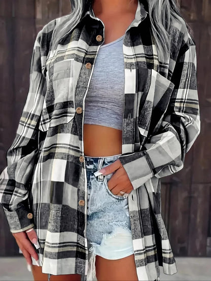 Chemise à carreaux manches longues coupe ample pour femme | Idéale pour l'automne