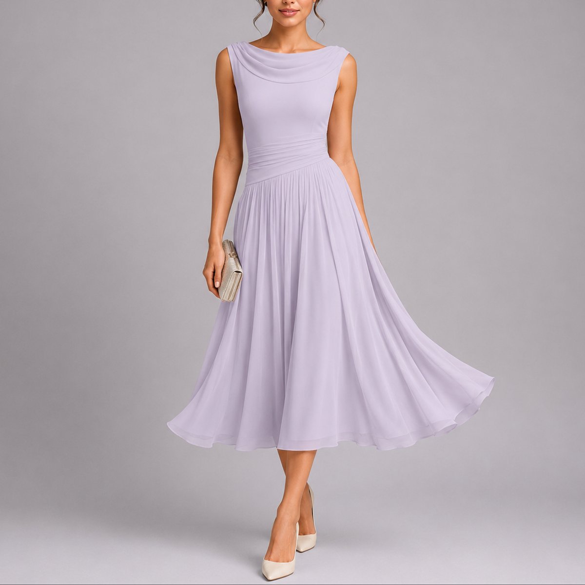 Robe Midi Sans Manches À Col Drapé Pour Femme | Idéale Pour Les Cérémonies Et Les Occasions Formelles