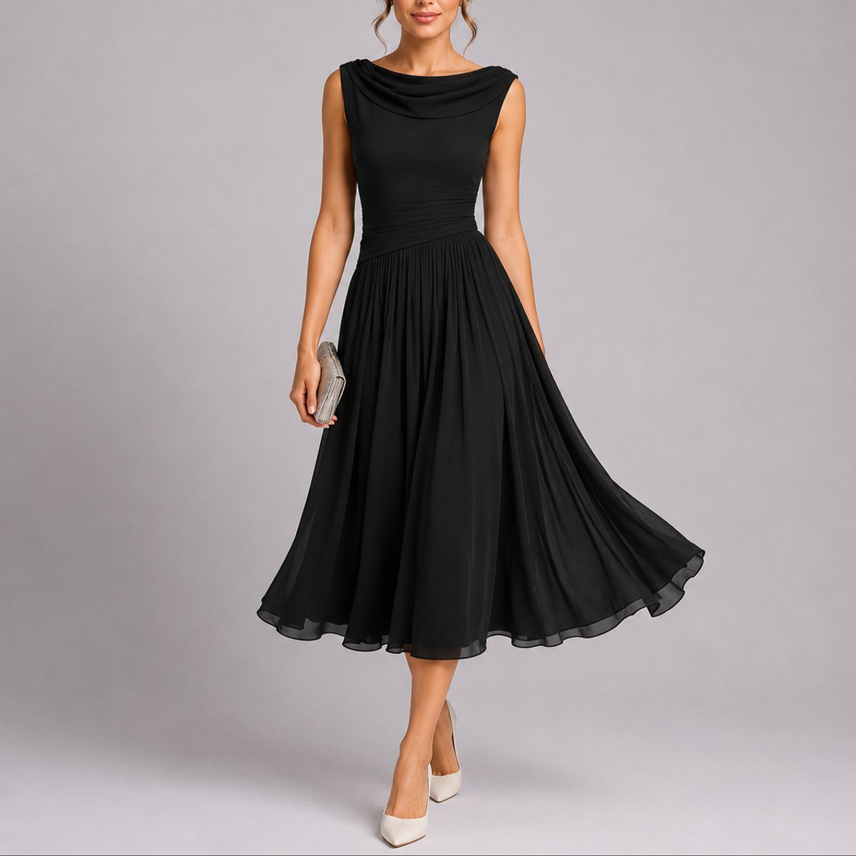 Robe Midi Sans Manches À Col Drapé Pour Femme | Idéale Pour Les Cérémonies Et Les Occasions Formelles
