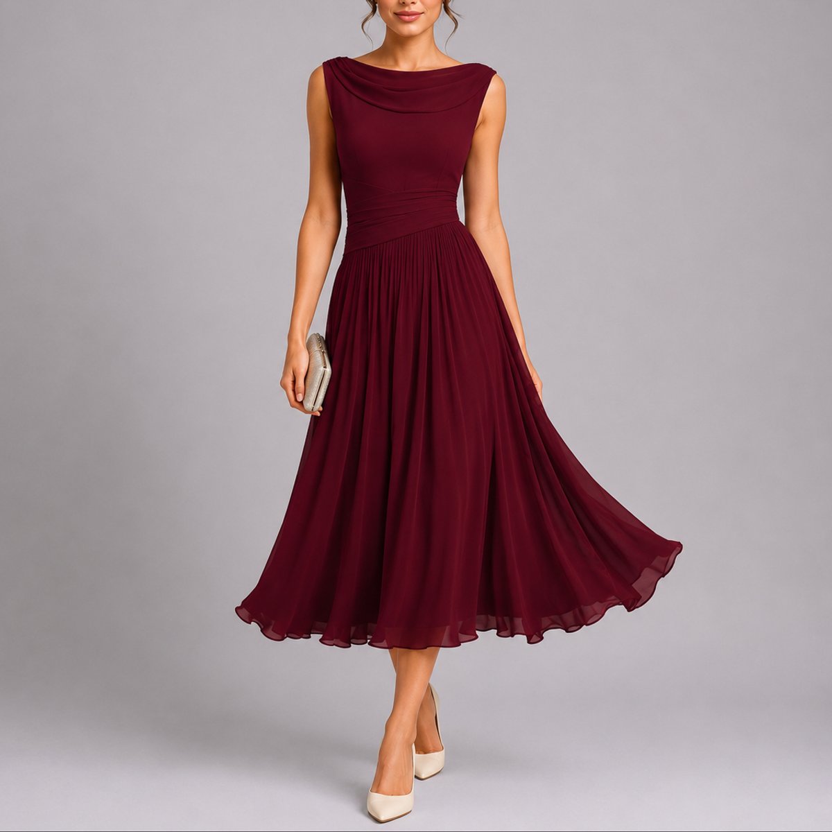 Robe Midi Sans Manches À Col Drapé Pour Femme | Idéale Pour Les Cérémonies Et Les Occasions Formelles