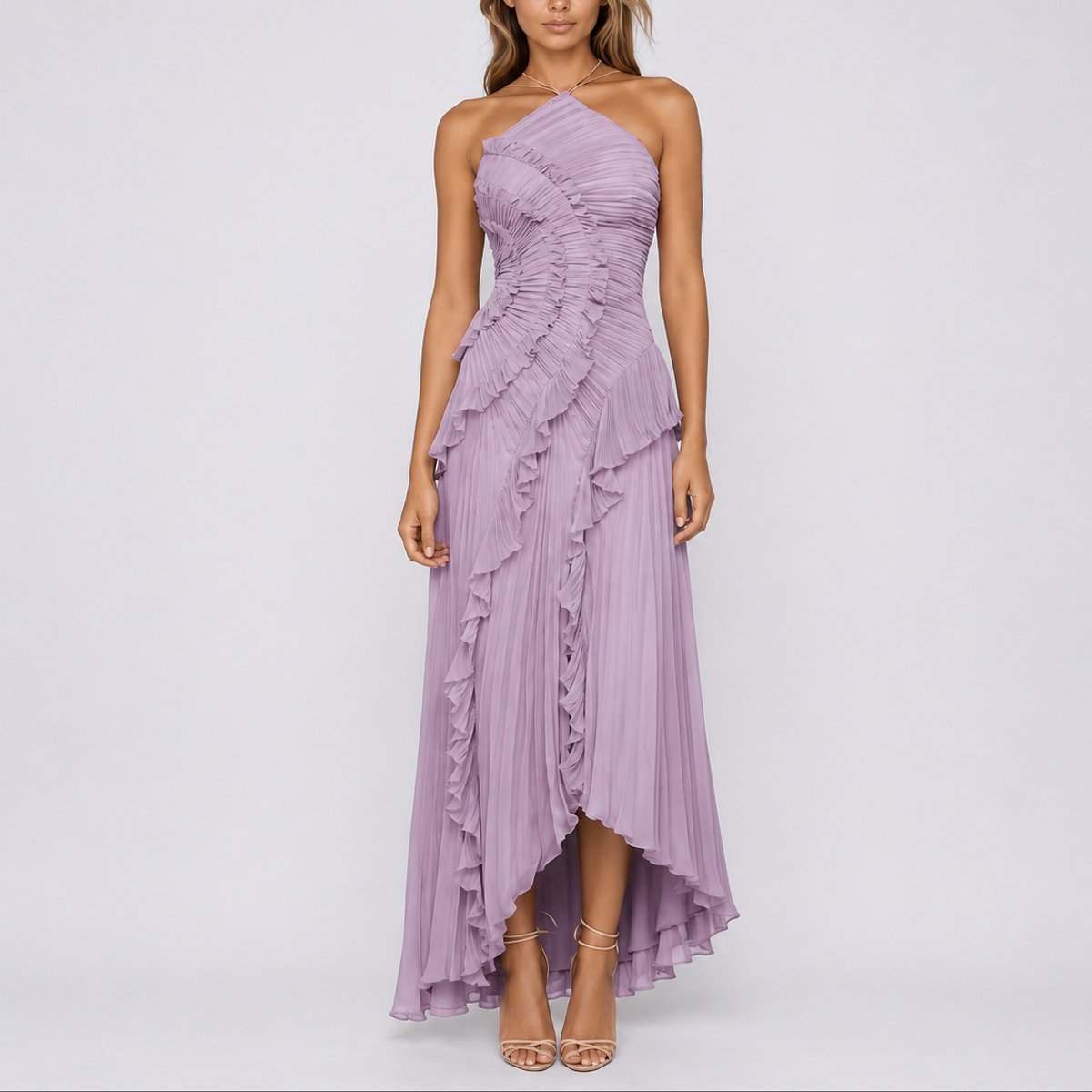 Robe maxi plissée avec col halter et volants pour femmes | Idéale pour mariage ou soirée