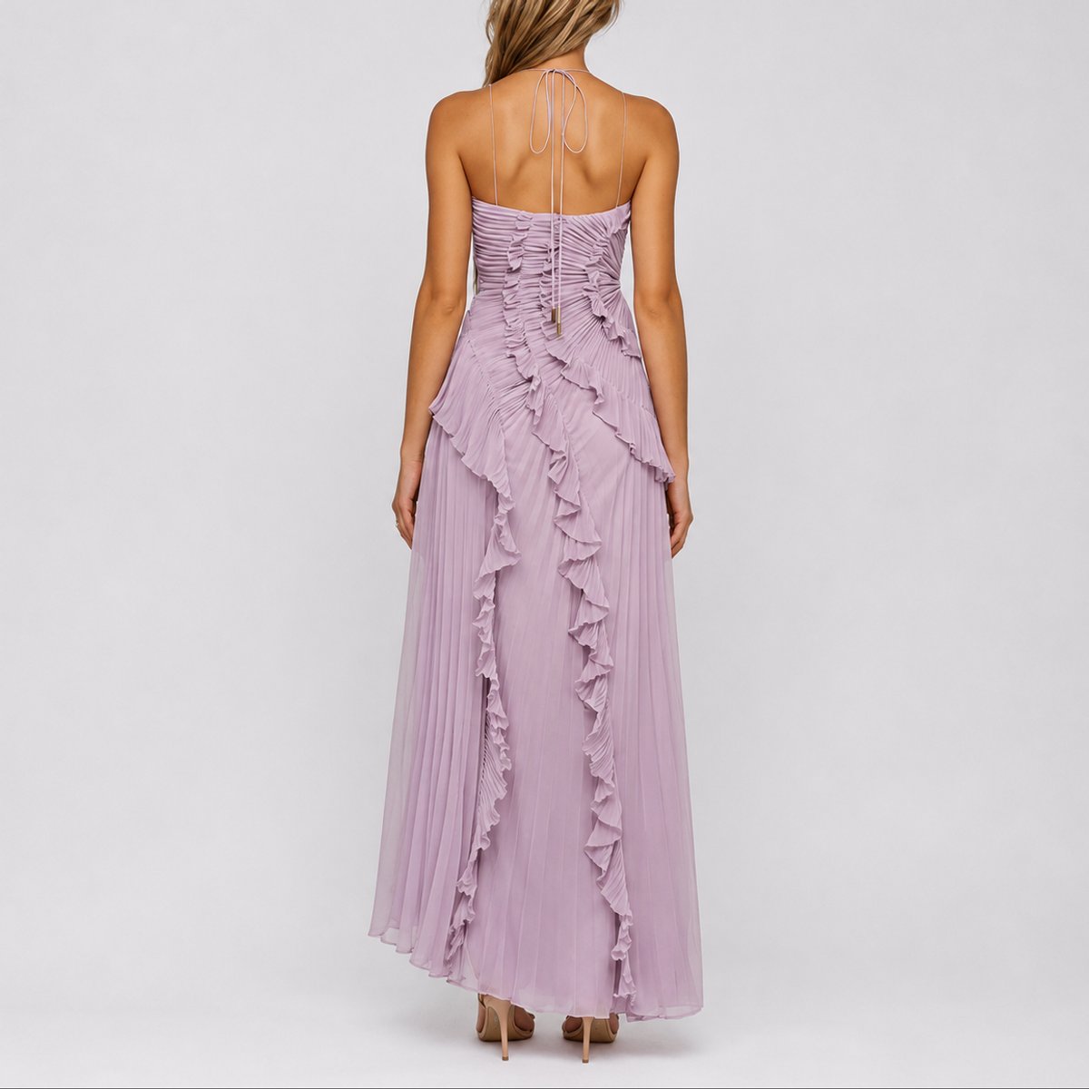 Robe maxi plissée avec col halter et volants pour femmes | Idéale pour mariage ou soirée