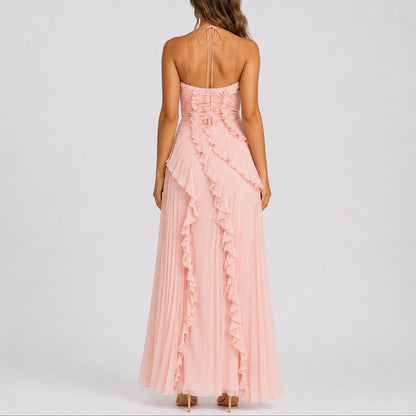 Robe maxi plissée avec col halter et volants pour femmes | Idéale pour mariage ou soirée