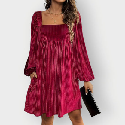 Robe Courte Femme À Col Carré Et Manches Longues | Idéale Pour Soirées Et Réceptions