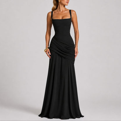 Robe Maxi Avec Col Carré Et Fronces Pour Femme | Idéale Pour Les Cérémonies Et Les Soirées