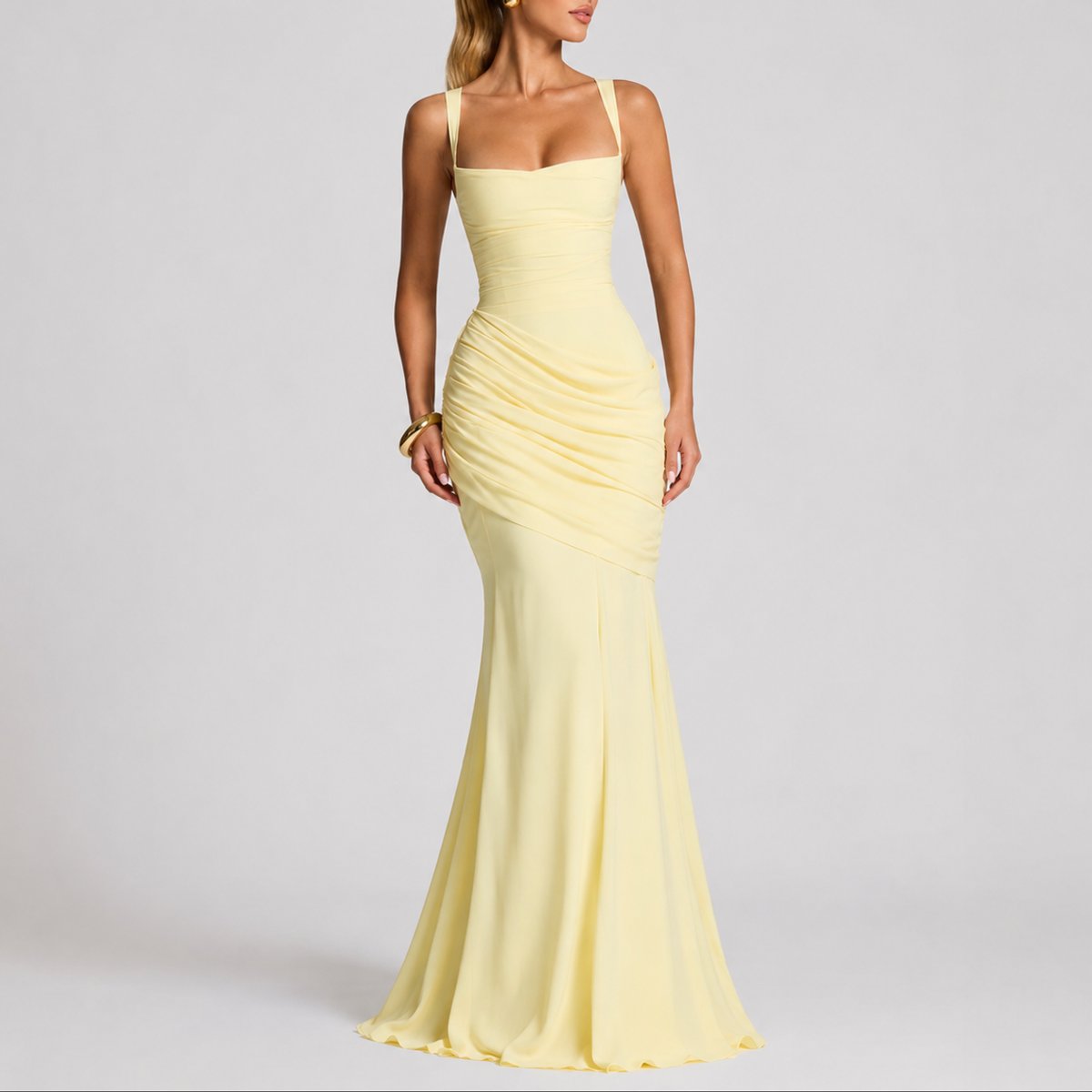 Robe Maxi Avec Col Carré Et Fronces Pour Femme | Idéale Pour Les Cérémonies Et Les Soirées