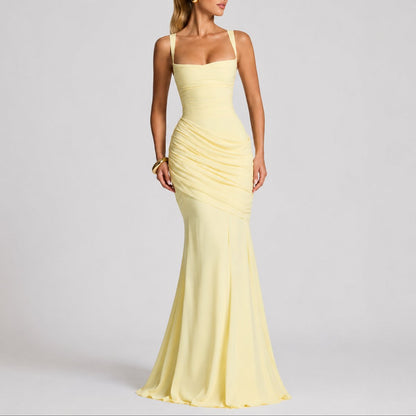 Robe Maxi Avec Col Carré Et Fronces Pour Femme | Idéale Pour Les Cérémonies Et Les Soirées
