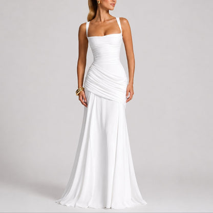 Robe Maxi Avec Col Carré Et Fronces Pour Femme | Idéale Pour Les Cérémonies Et Les Soirées