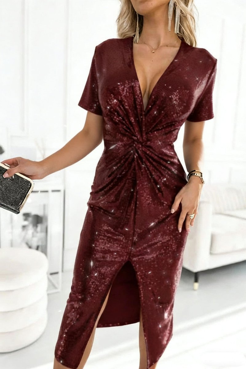 Robe Midi Femme Avec Col V Et Nœud Torsadé | Idéale Pour Soirées Et Réceptions