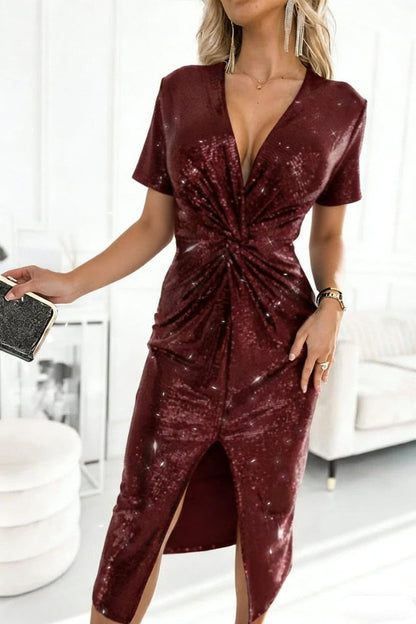 Robe Midi Femme Avec Col V Et Nœud Torsadé | Idéale Pour Soirées Et Réceptions