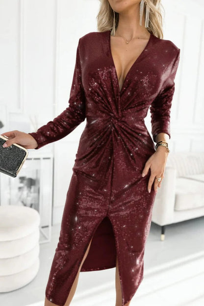Robe Midi Femme Avec Col V Et Nœud Torsadé | Idéale Pour Soirées Et Réceptions